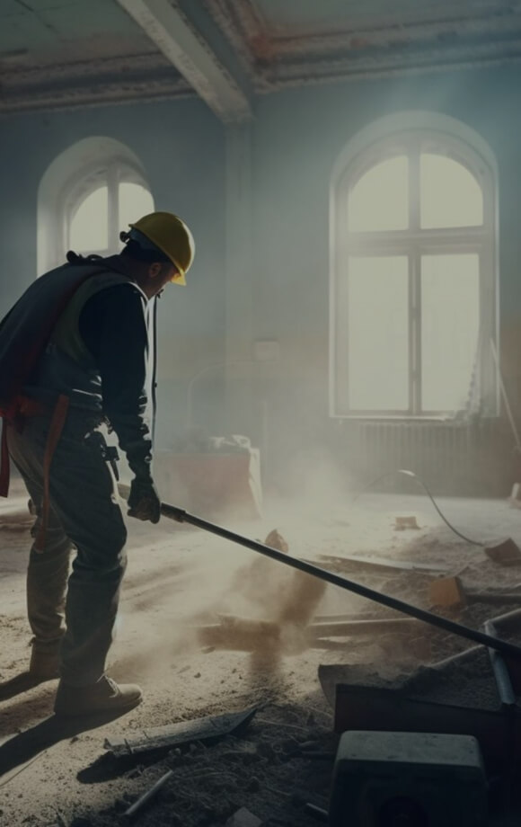 Construction worker in a hard hat using a vacuum in a dusty, partially renovated room, illustrating emergency restoration services for water damage and fire recovery.