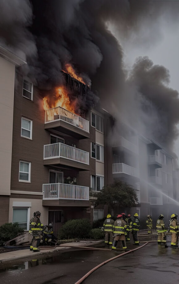 Firefighters battling a residential fire with flames and smoke billowing from a balcony, showcasing emergency restoration efforts in action.